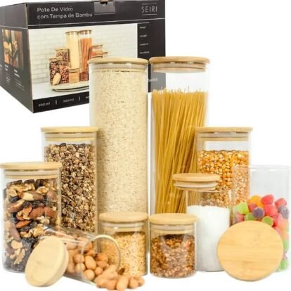 kit-10-potes-hermeticos-vidro-tampa-bambu